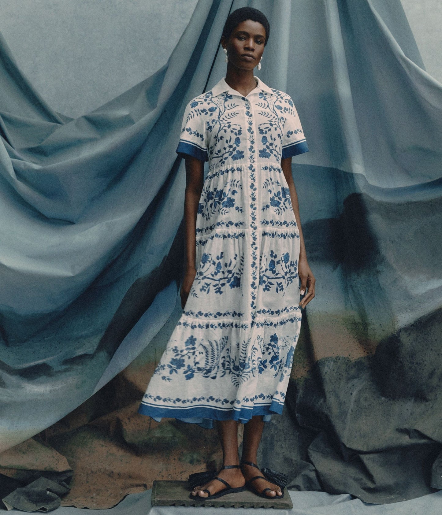 Botanical Print Cotton Linen Tiered Midi Shirt Dress