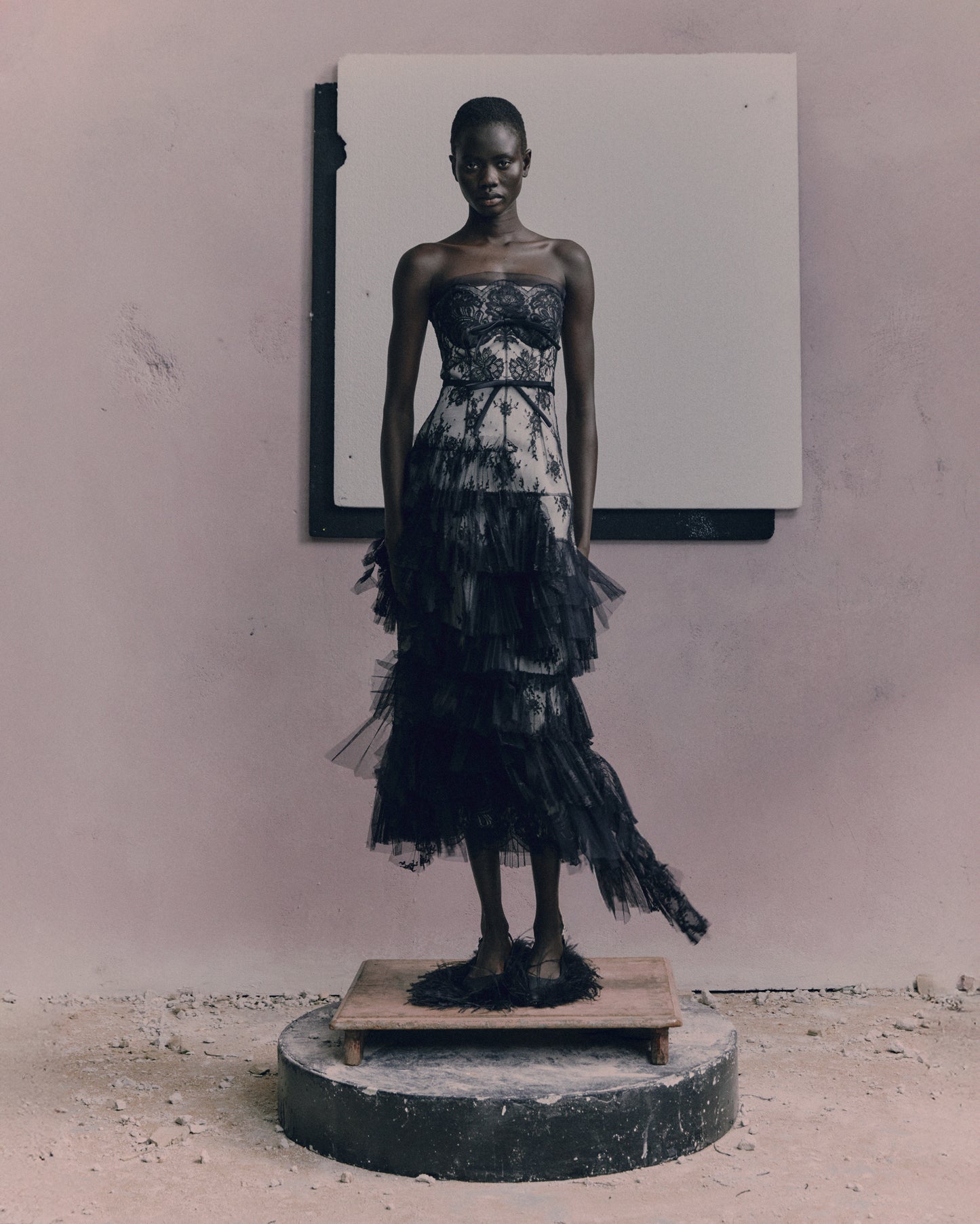 Pleated Lace Bustier Midi Dress