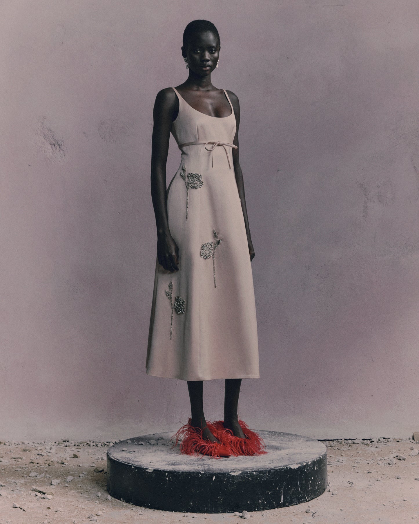 Embroidered Heavy Satin Sleeveless Midi Dress