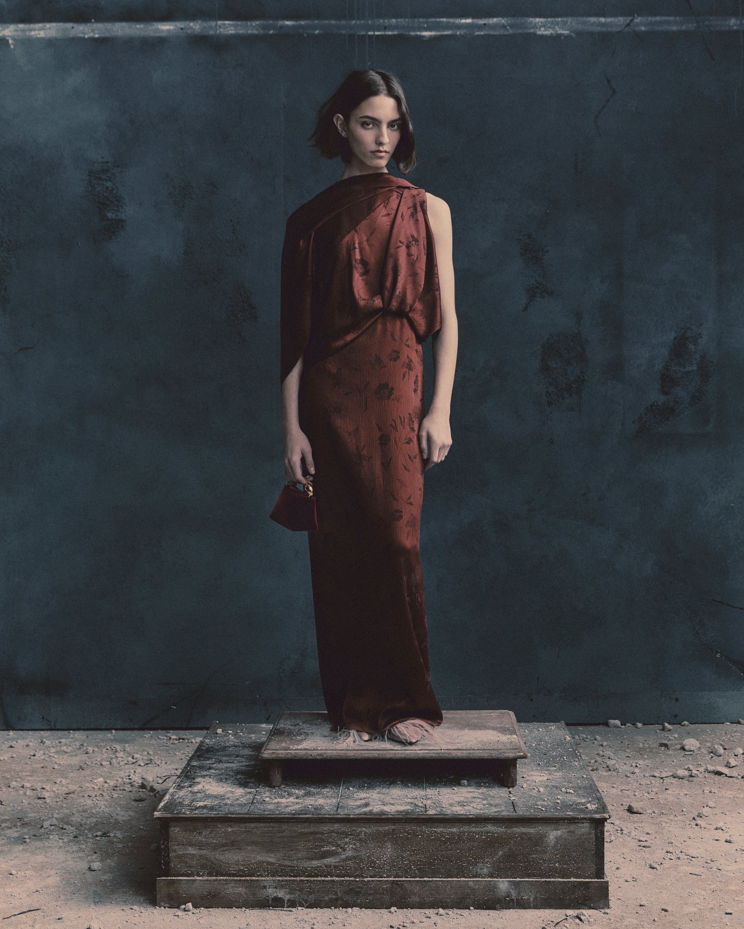 Floral Creponne Jacquard Drape Gown