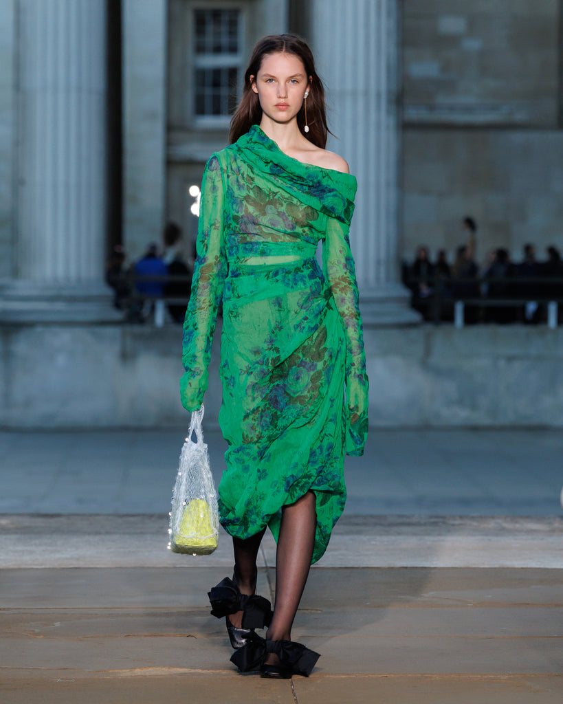 Floral Print Organza Cloque Draped Midi Dress