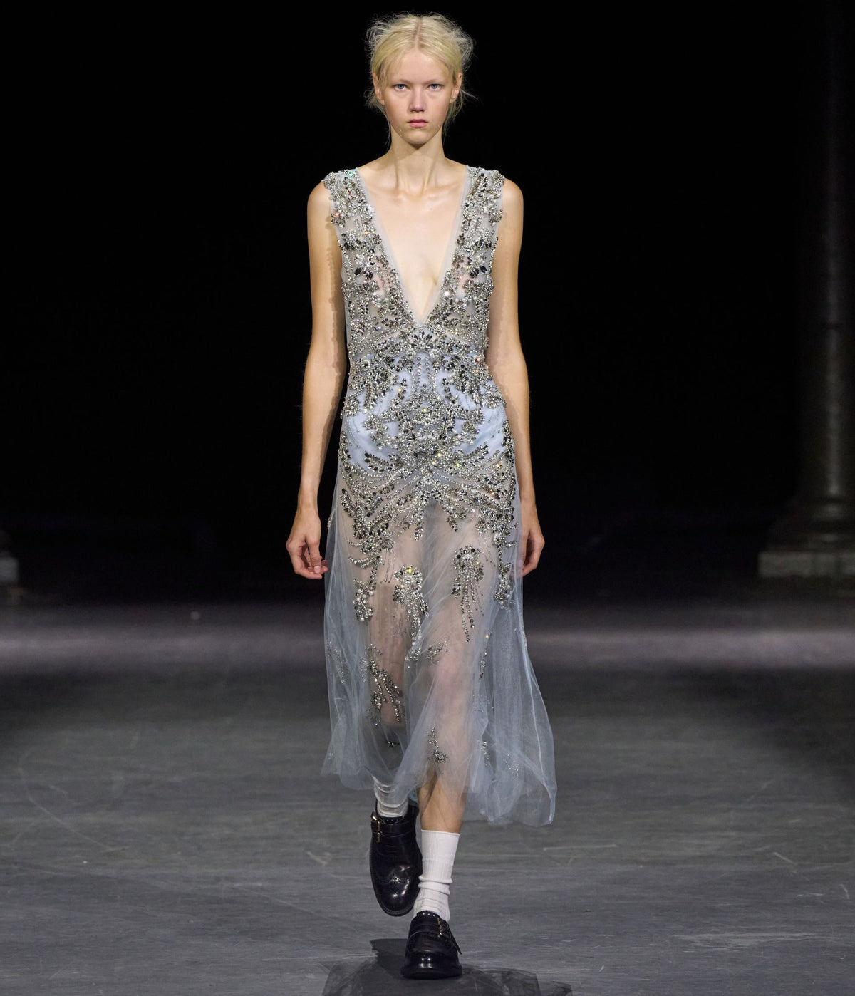 Embroidered Tulle Sleeveless Midi Dress