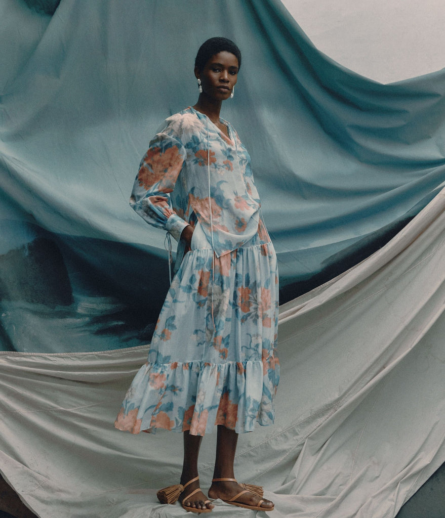 Floral Print Cotton Silk Voile Tiered Full Midi Skirt