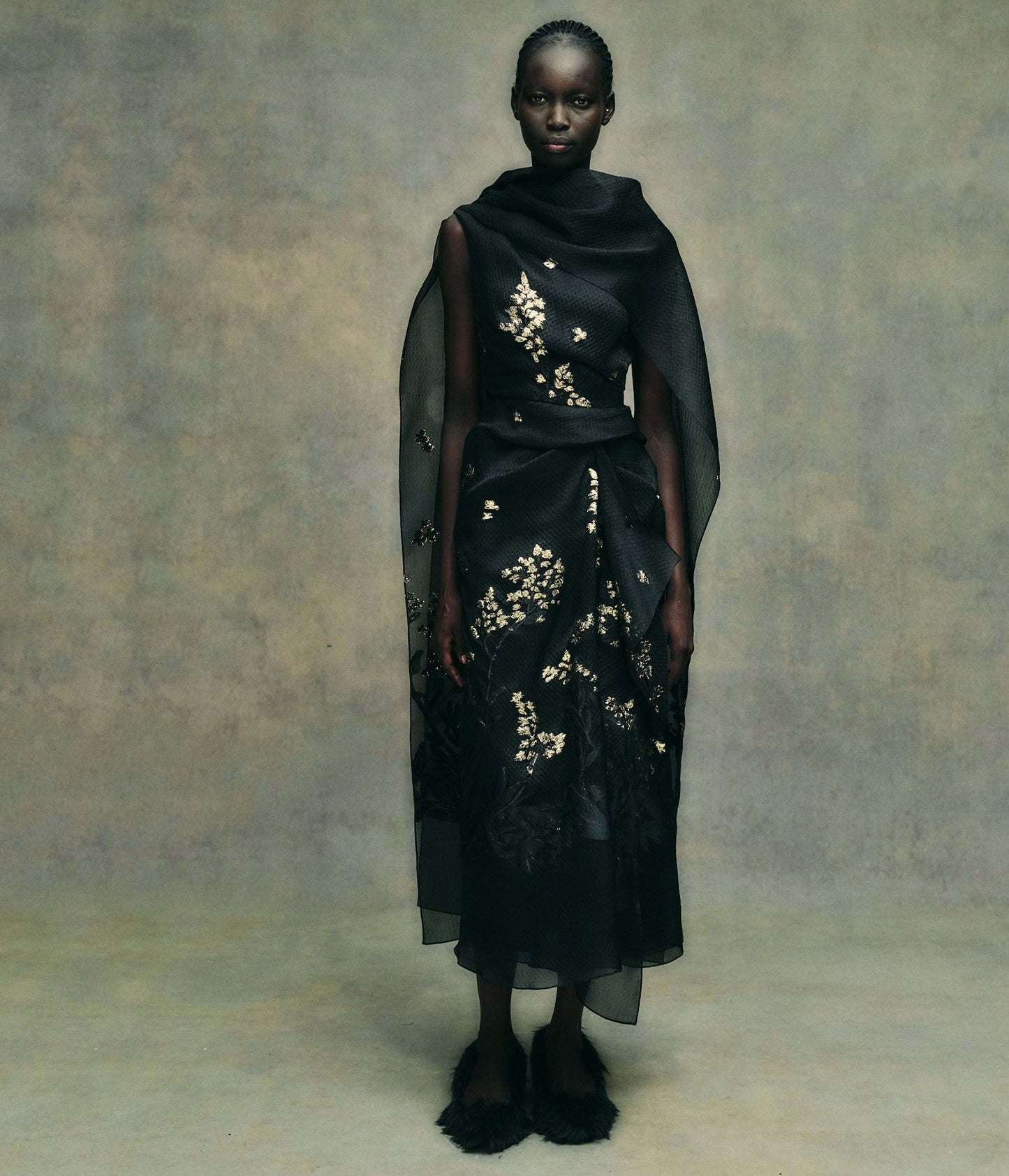 Organza Fil Coupé Draped Midi Dress