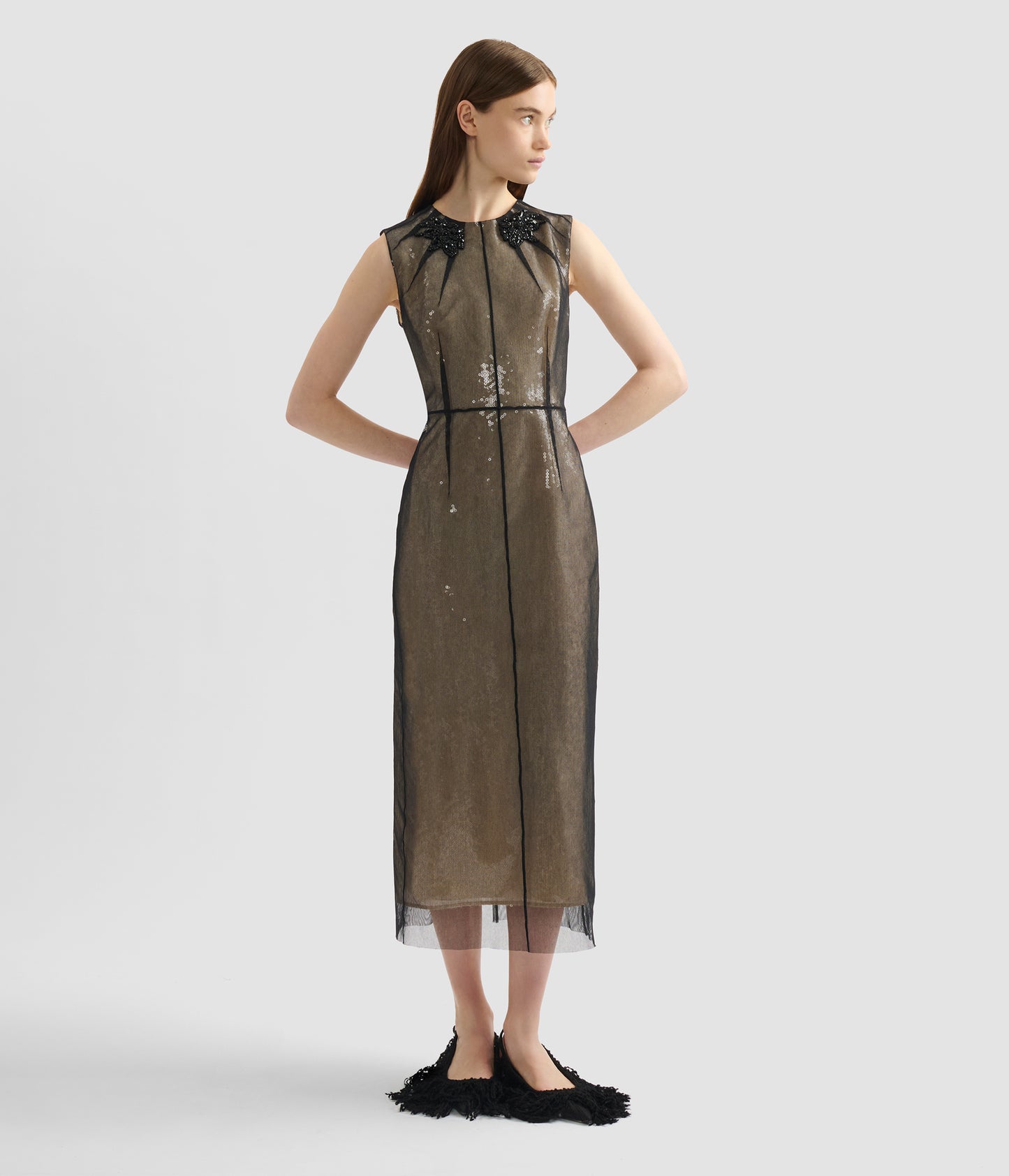sheer embellished midi dress Sheer Sleeve Midi Dress With Beaded Details
