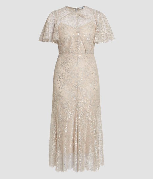 strapless open back dress Metallic Lace Midi Dress