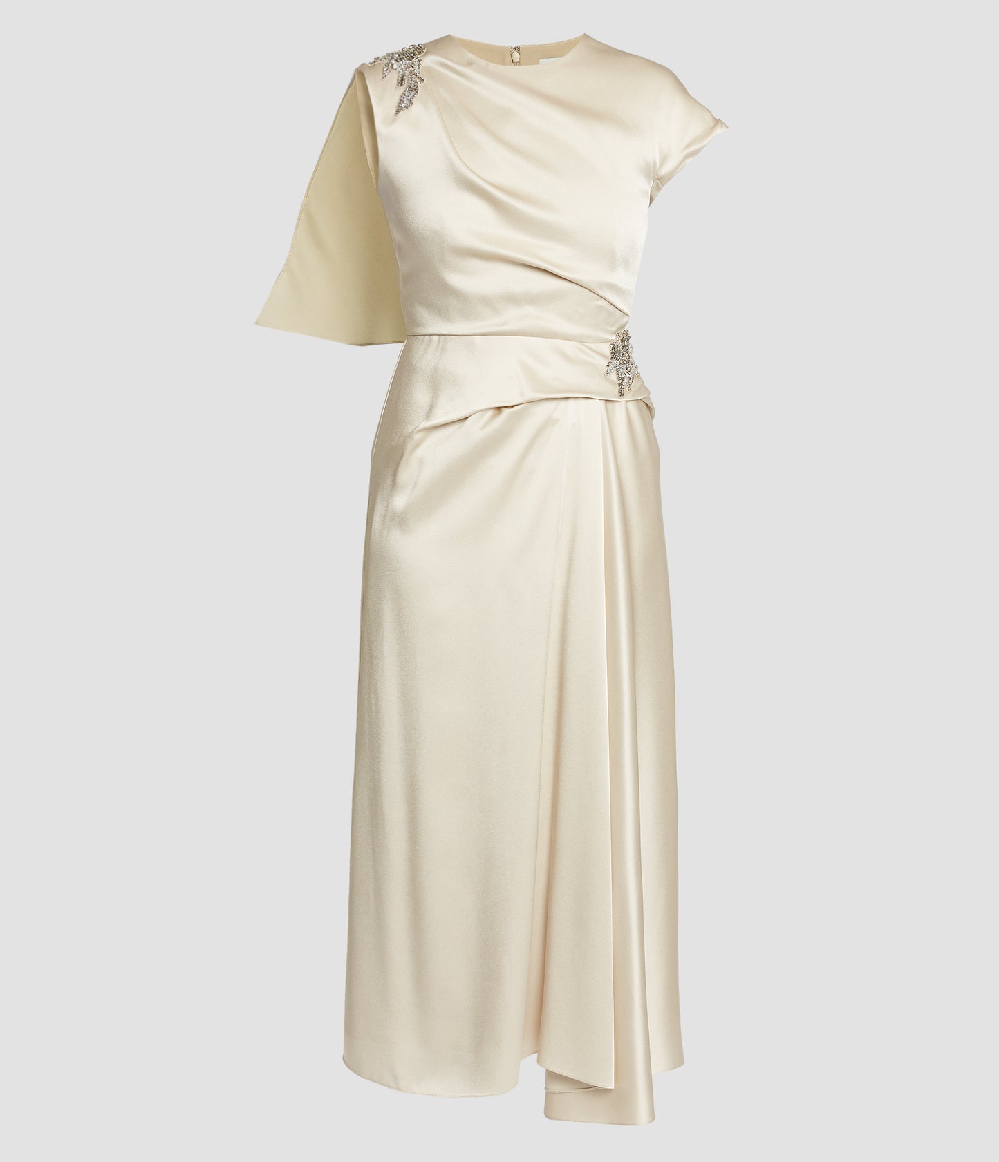 Embellished Satin Cady Draped Midi Dress