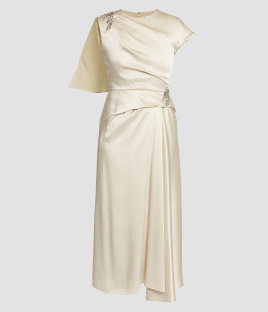 Embellished Satin Cady Draped Midi Dress