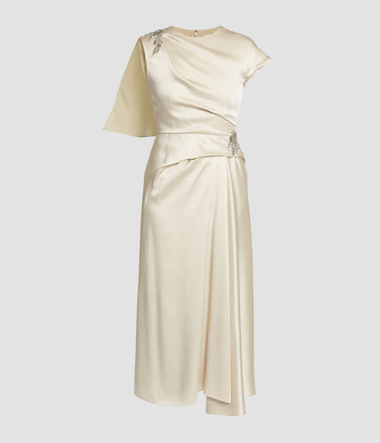 Embellished Satin Cady Draped Midi Dress