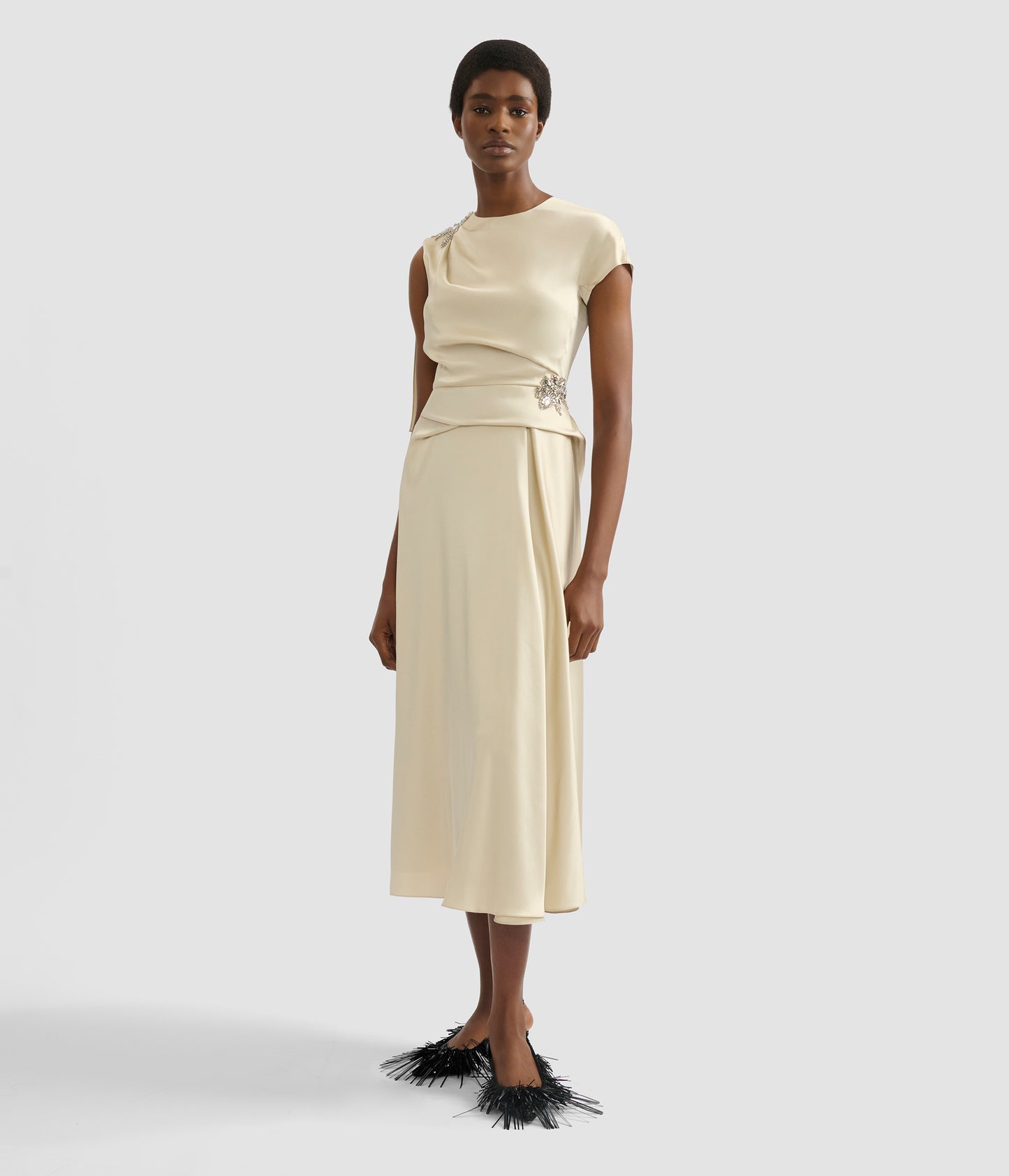 Embellished Satin Cady Draped Midi Dress