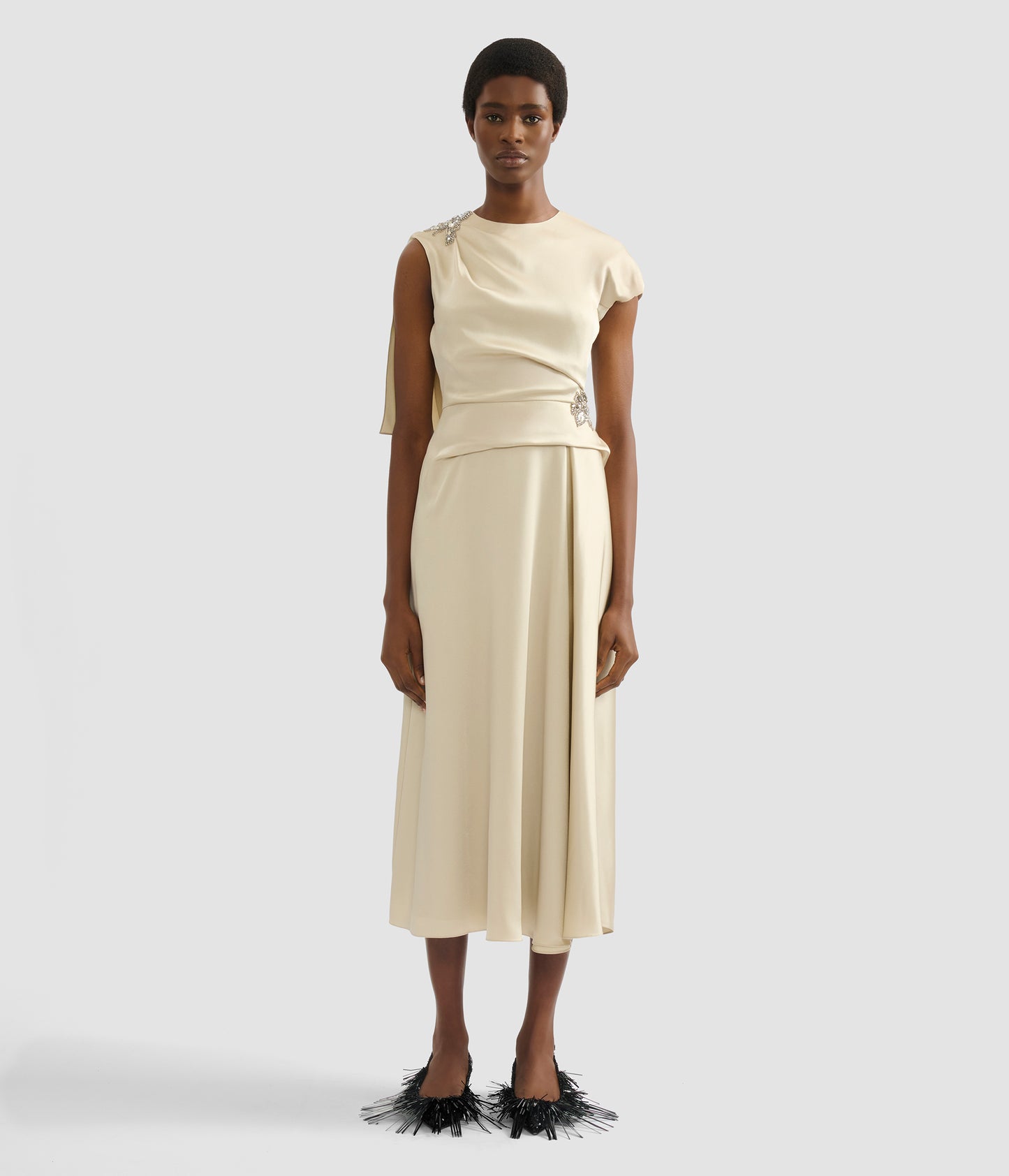 Embellished Satin Cady Draped Midi Dress