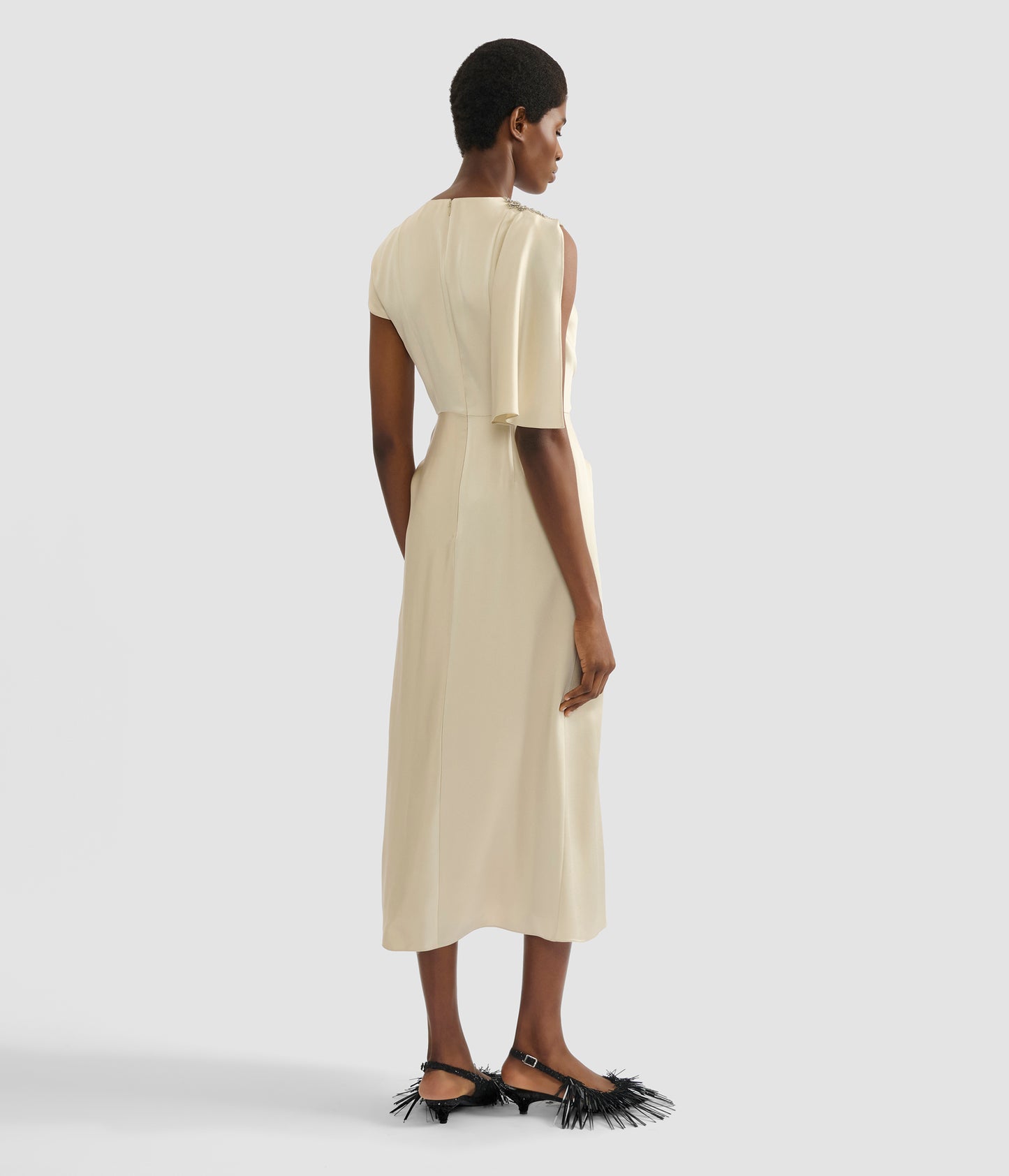 Embellished Satin Cady Draped Midi Dress