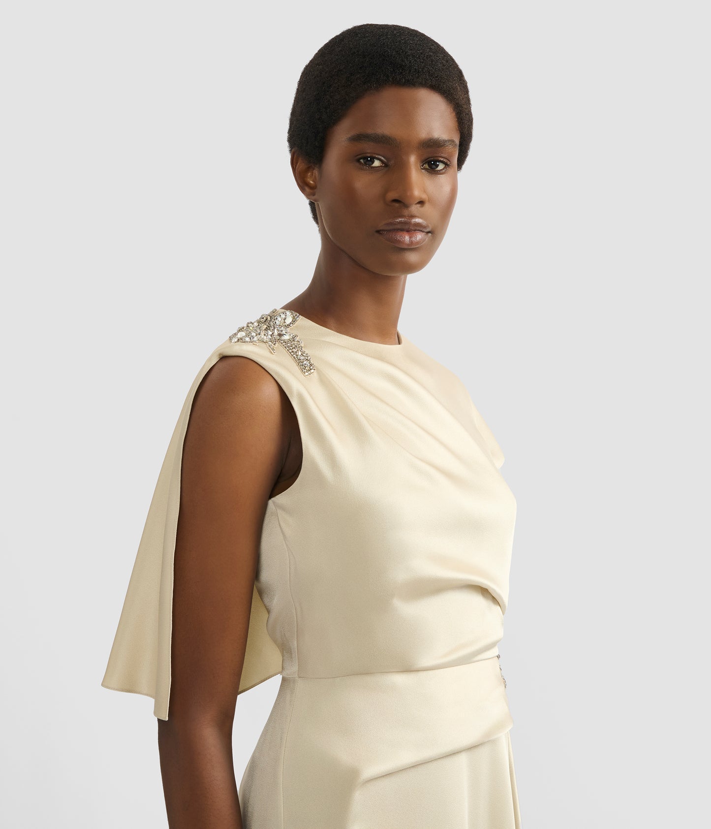 Embellished Satin Cady Draped Midi Dress