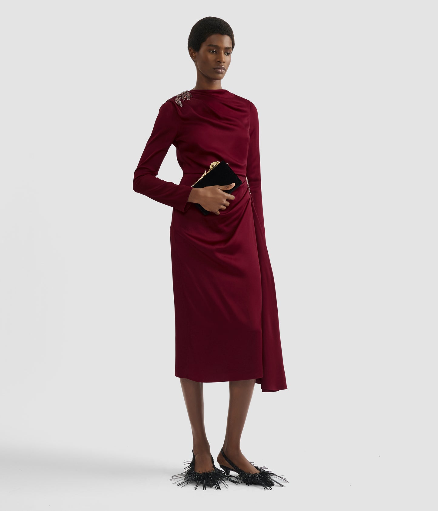 Embellished Satin Cady Midi Dress