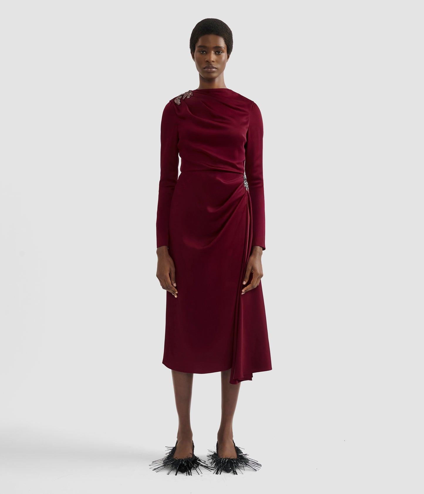 Embellished Satin Cady Midi Dress