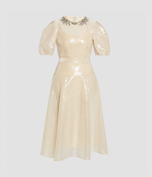 Embellished Organza Sequin Midi Dress