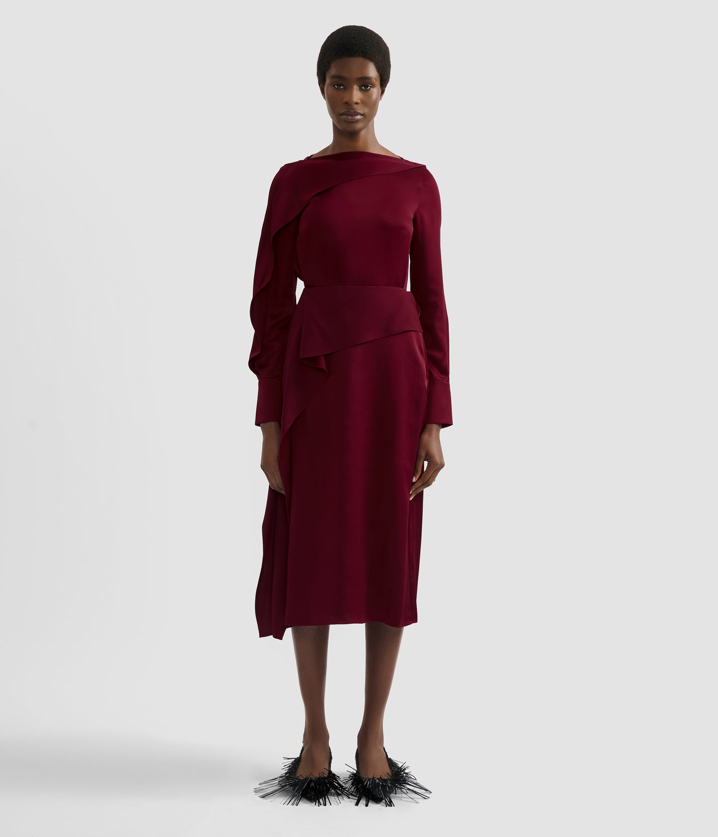 Satin Cady Draped Midi Skirt