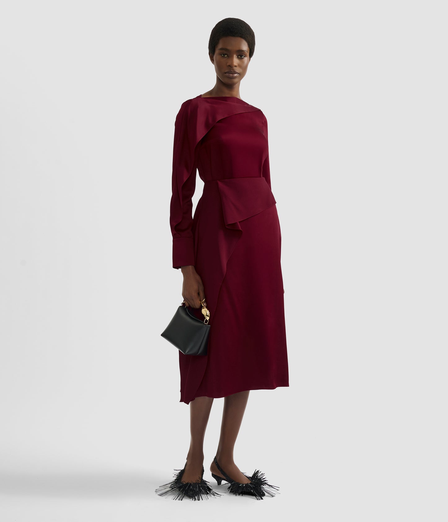 Satin Cady Draped Midi Skirt