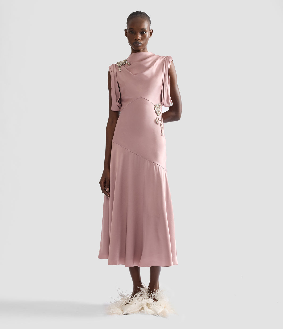 Embellished Satin Midi Dress