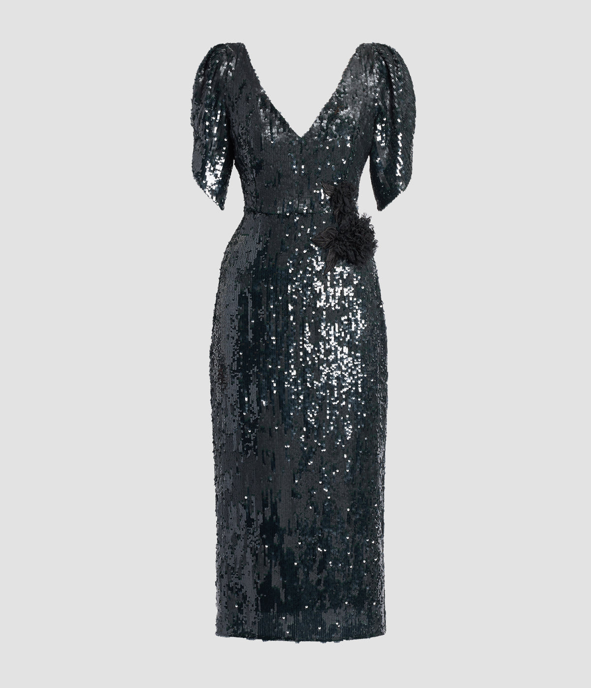 Floral Applique Sequin Midi Pencil Dress