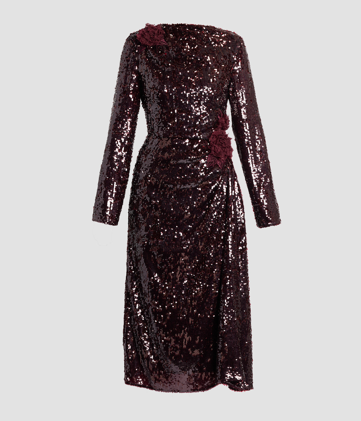Floral Applique Sequin Draped Midi Dress