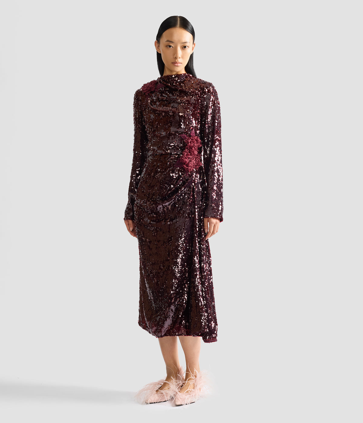 Floral Applique Sequin Draped Midi Dress