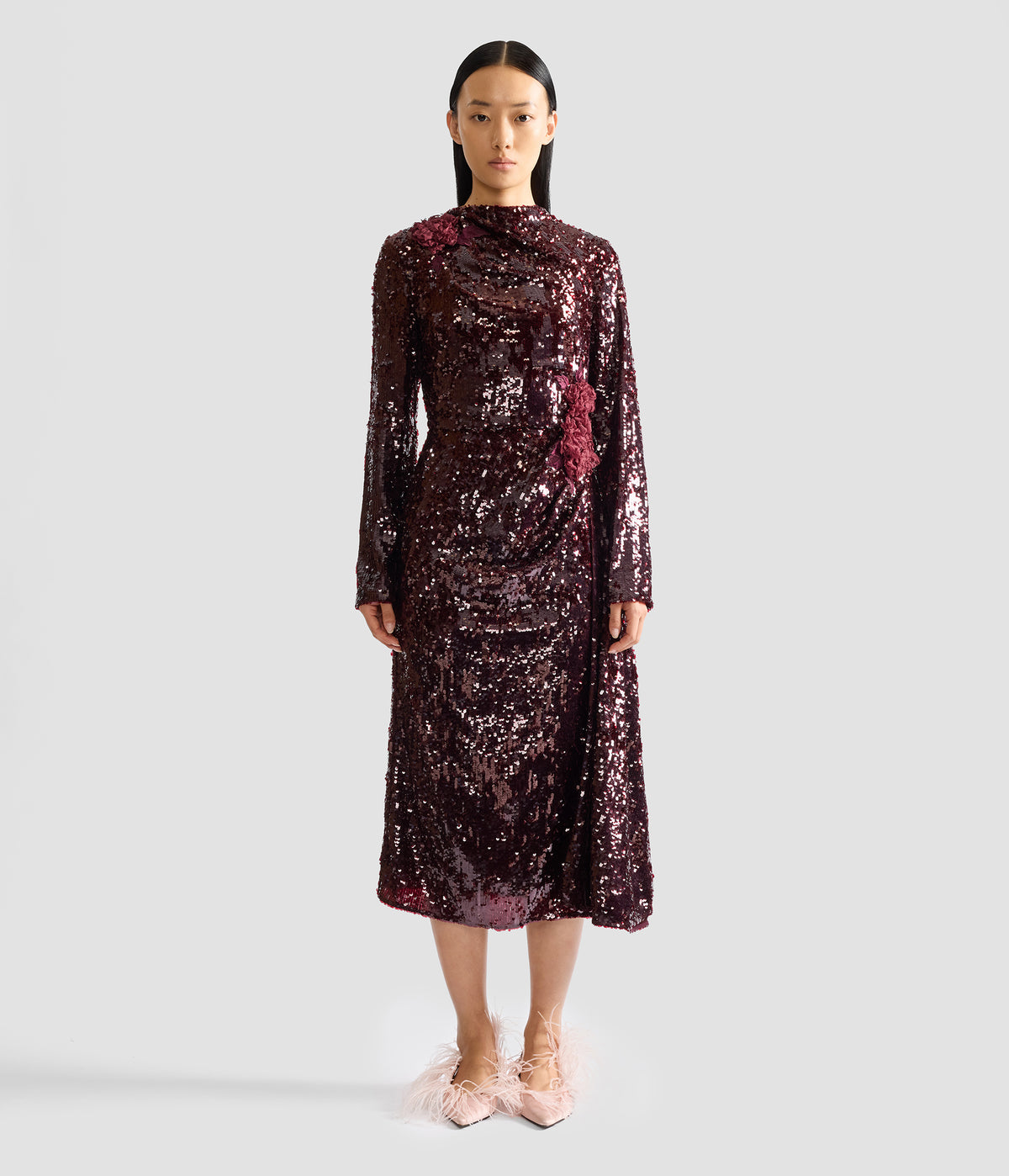 Floral Applique Sequin Draped Midi Dress