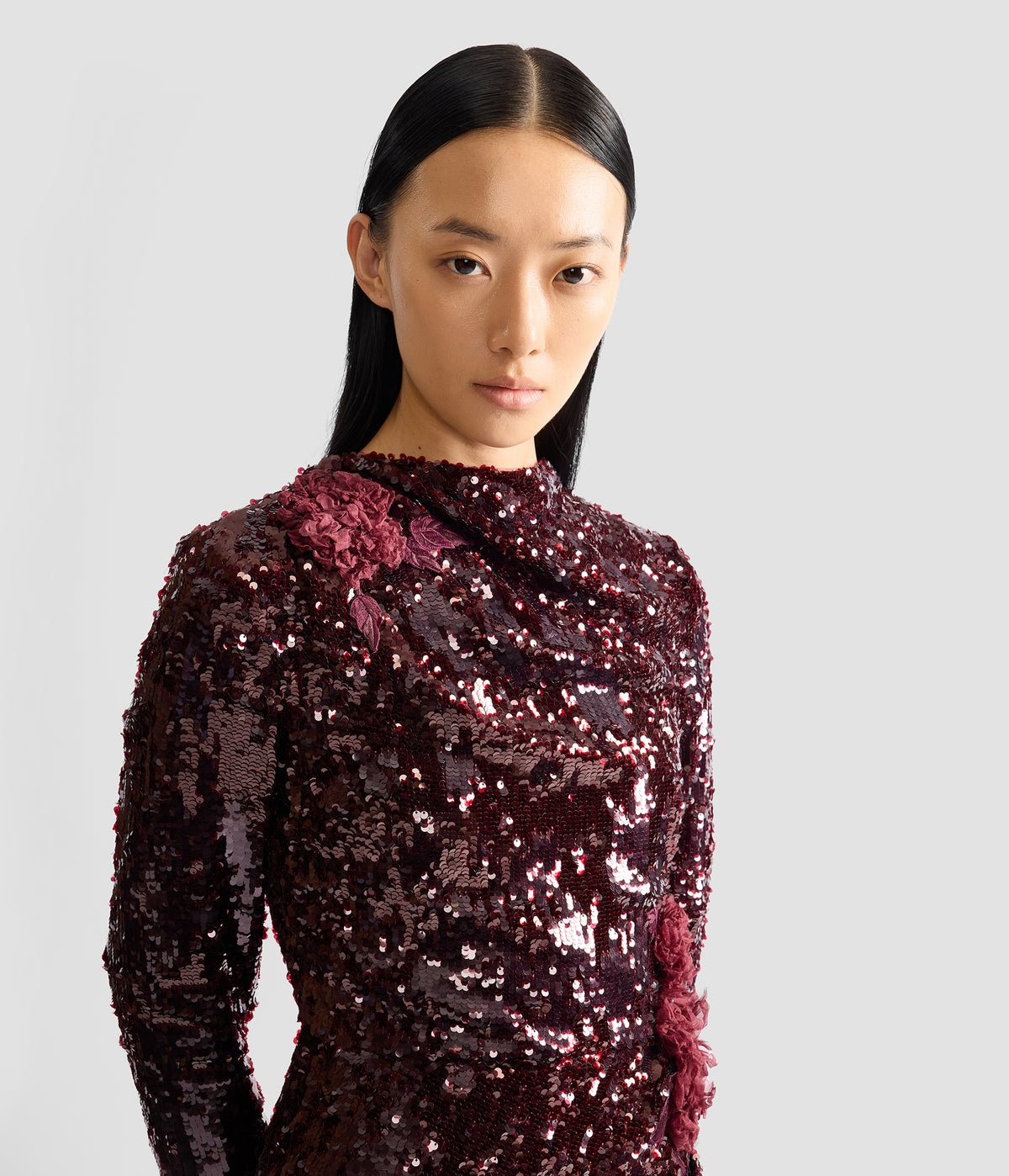 Floral Applique Sequin Draped Midi Dress