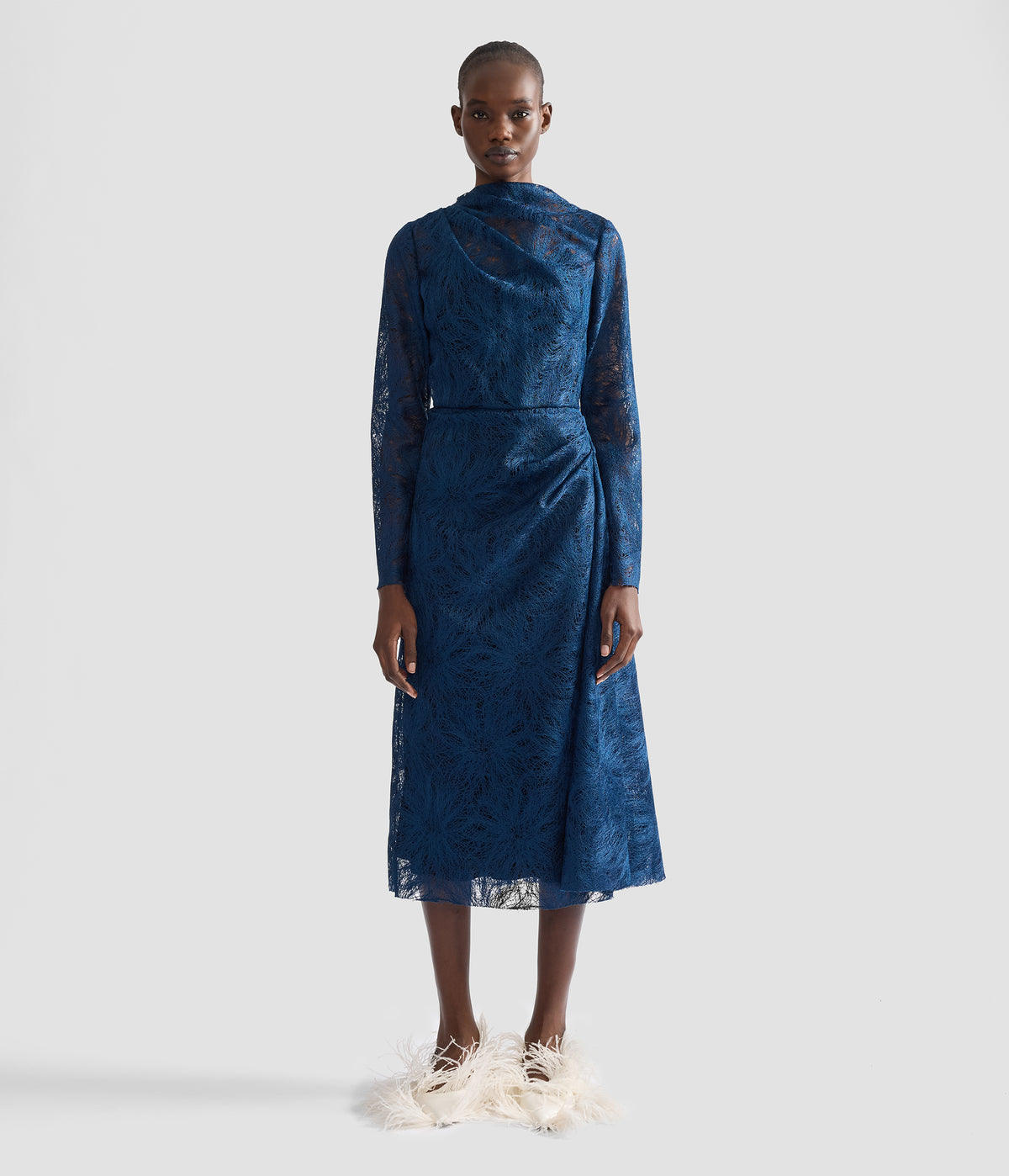 Floral Lace Draped Midi Dress