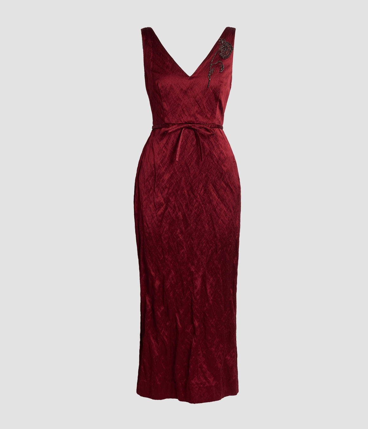 Embellished Textured Satin Midi Pencil Dress