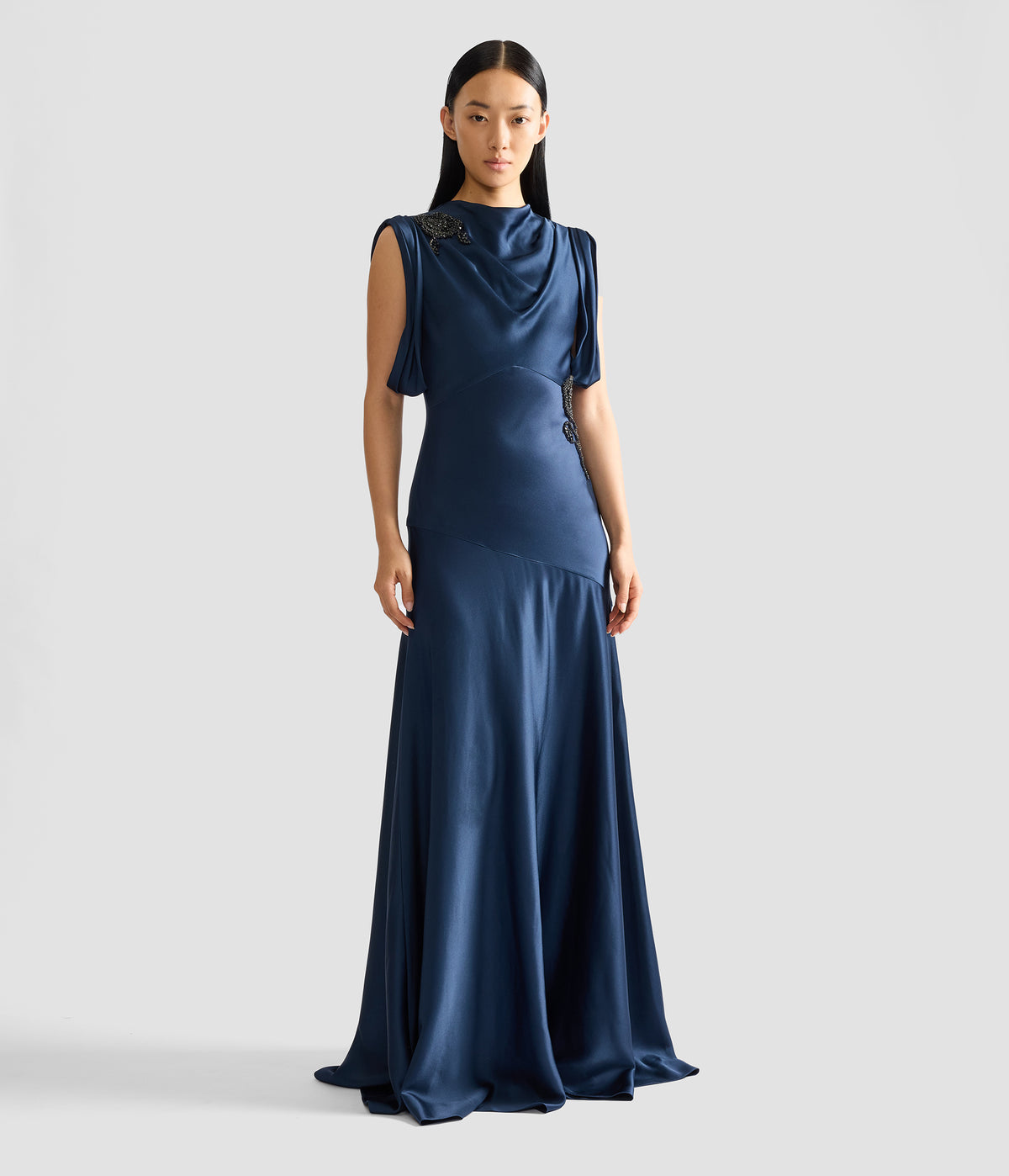Embellished Satin Draped Gown