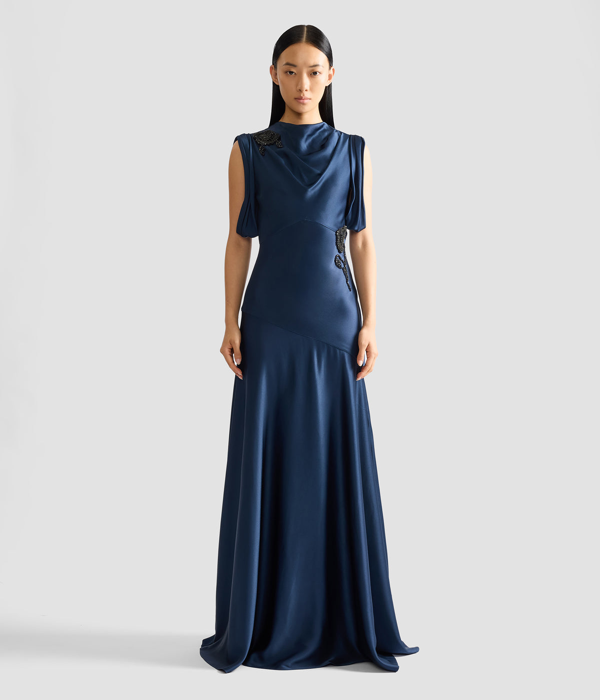 Embellished Satin Draped Gown