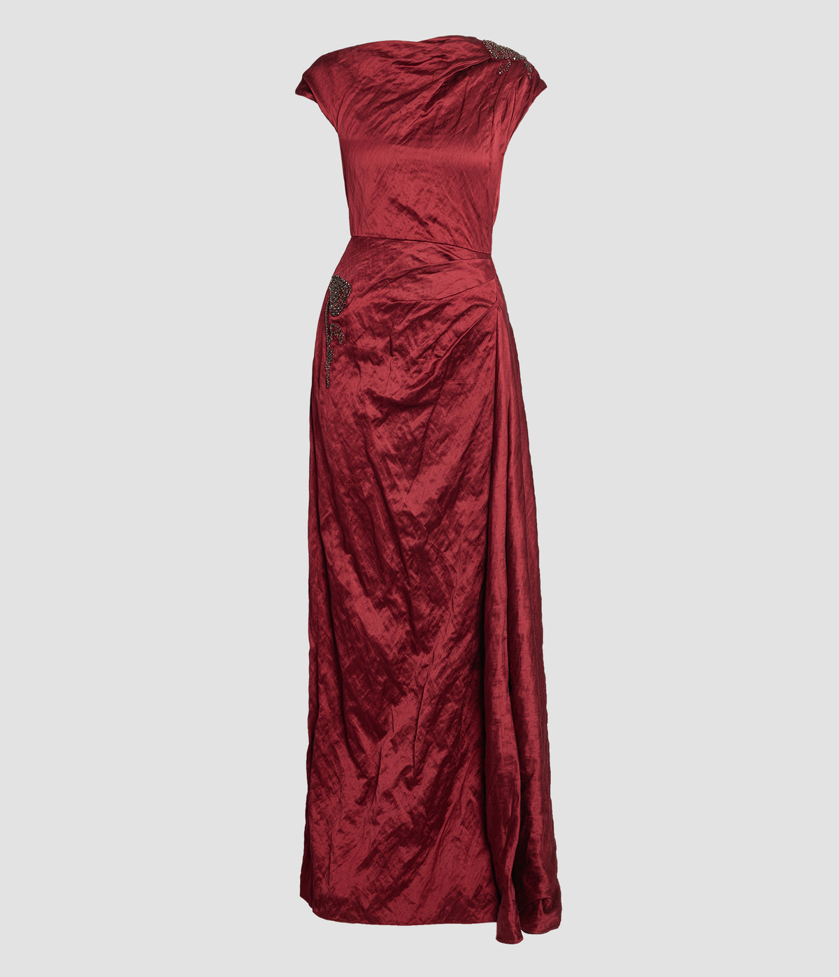Embellished Textured Satin Draped Gown