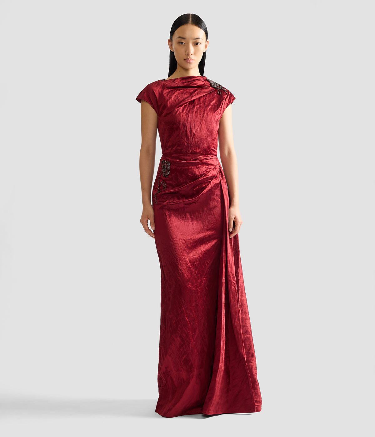 Embellished Textured Satin Draped Gown