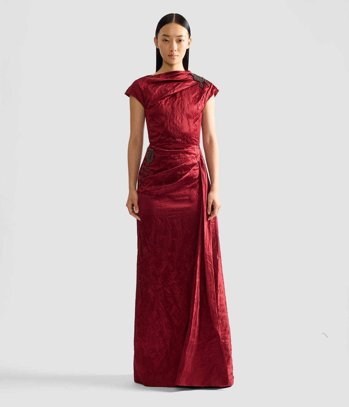 Embellished Textured Satin Draped Gown