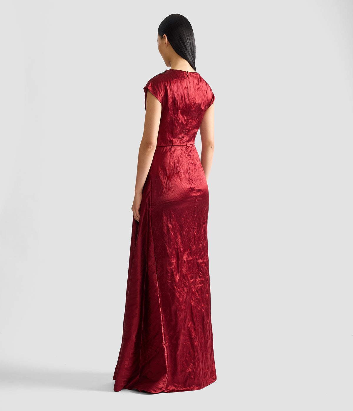 Embellished Textured Satin Draped Gown