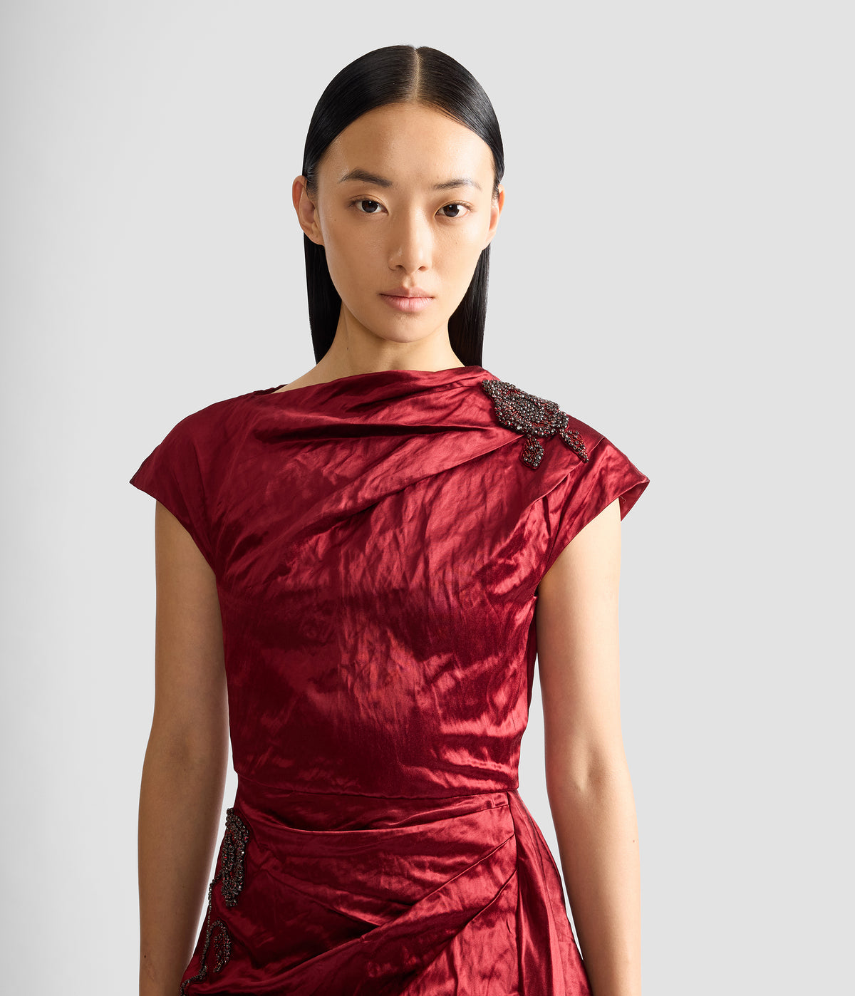 Embellished Textured Satin Draped Gown