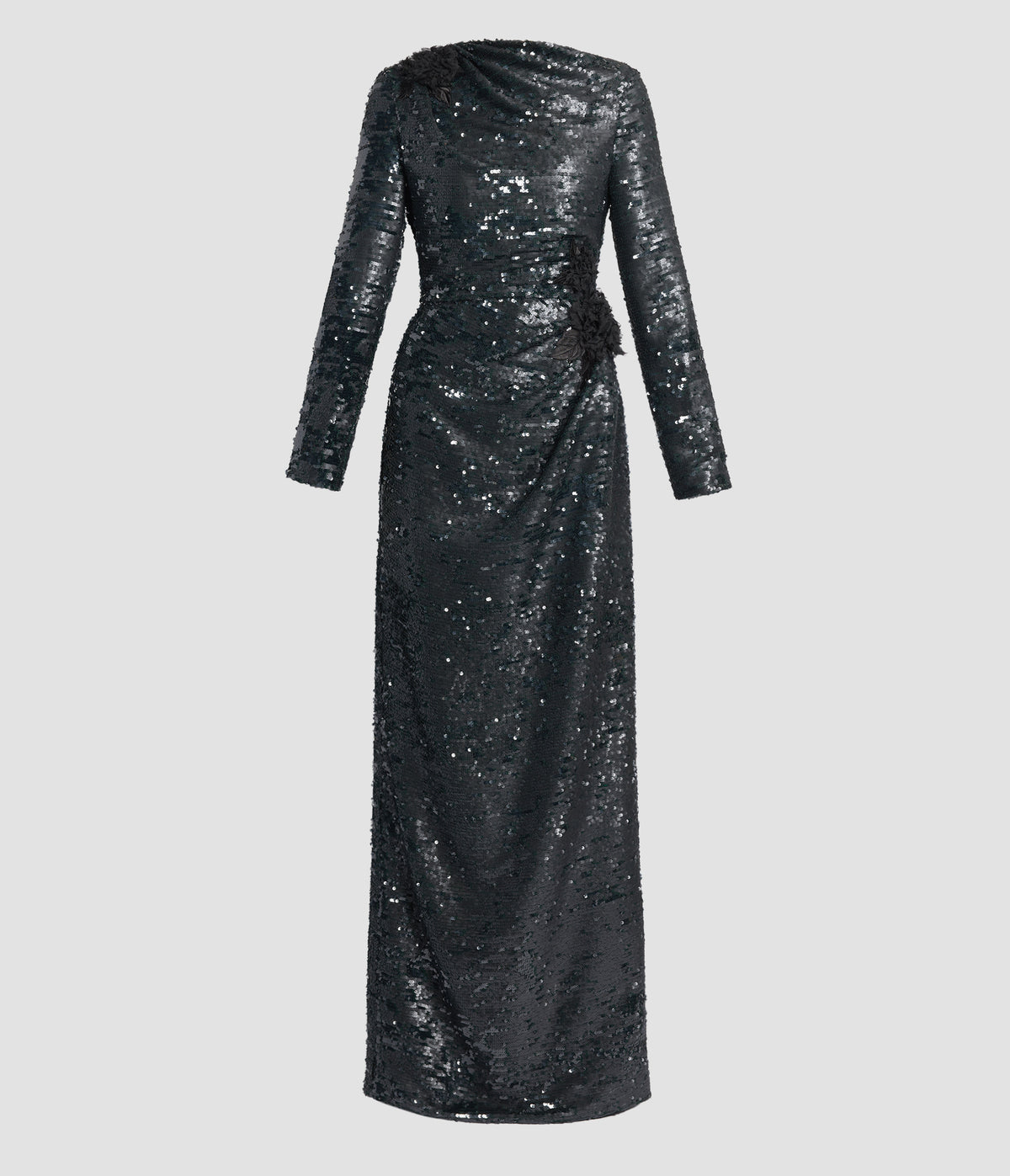 Floral Applique Sequin Long Sleeve Gown