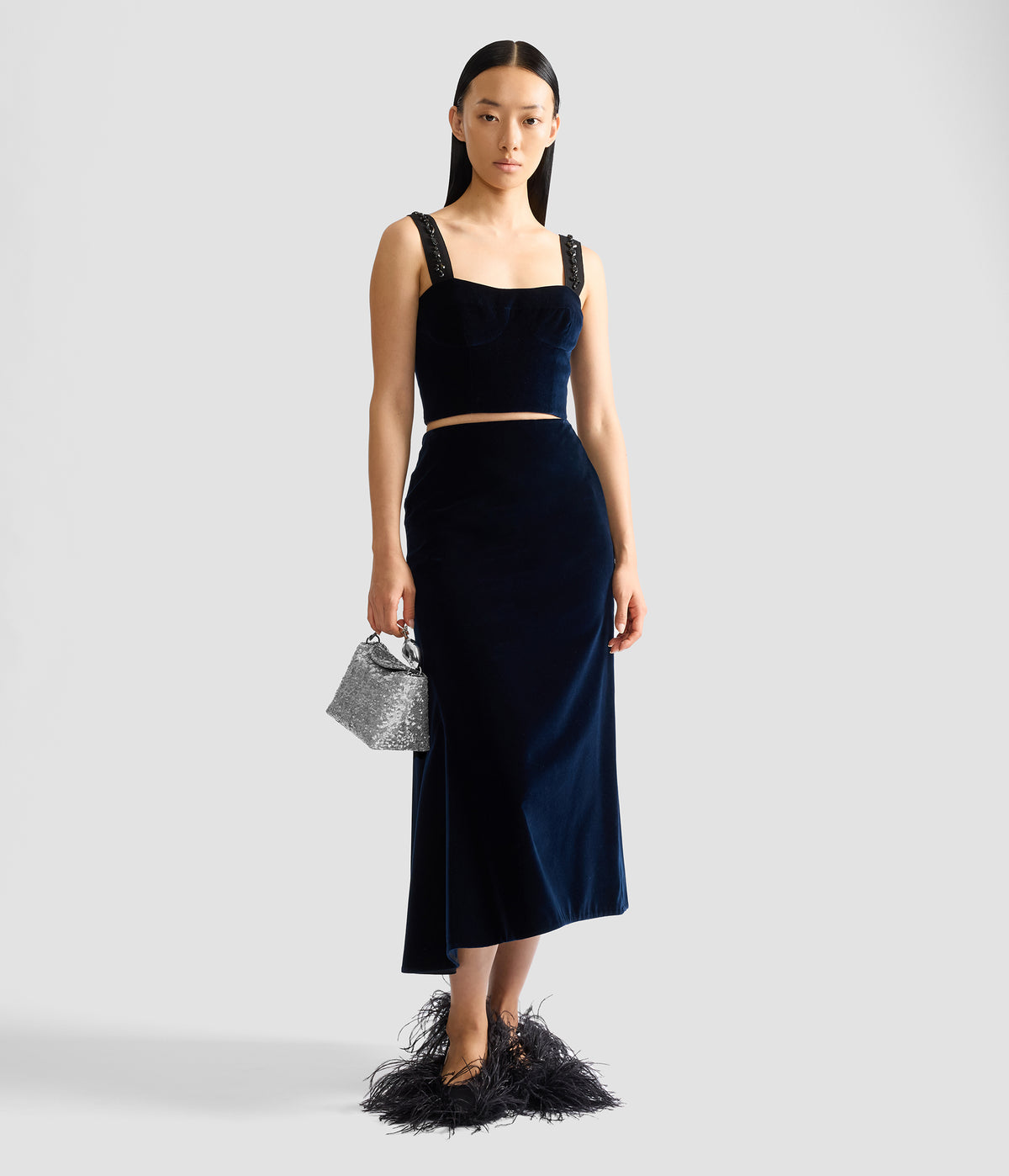 Velvet Draped Midi Skirt