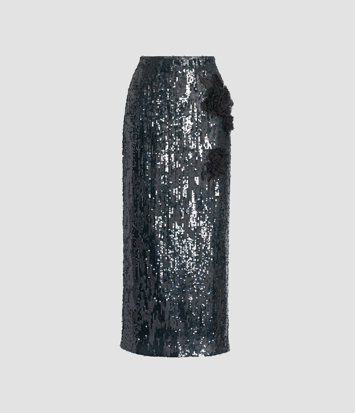 Floral Applique Sequin Midi Pencil Skirt