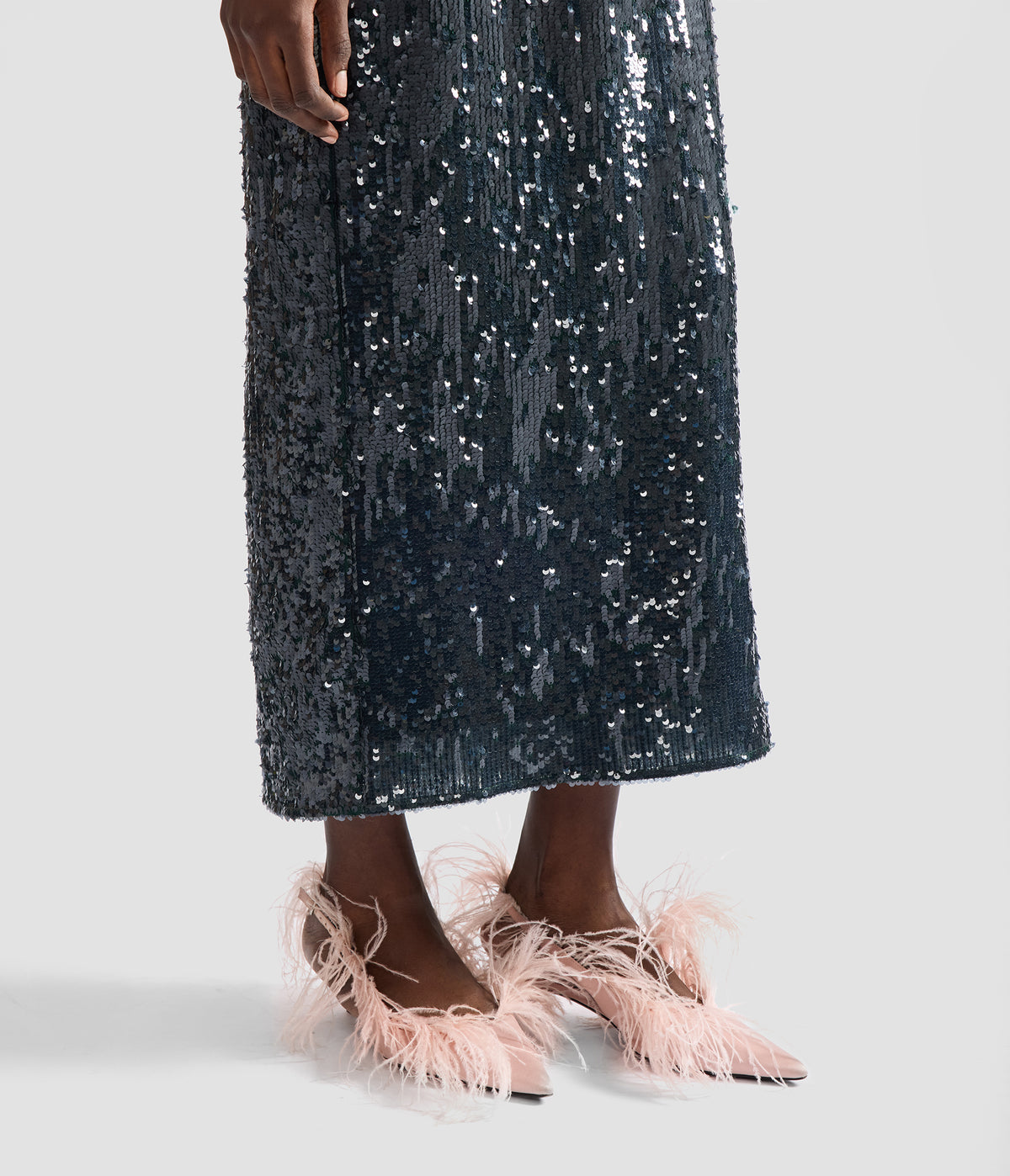 Floral Applique Sequin Midi Pencil Skirt