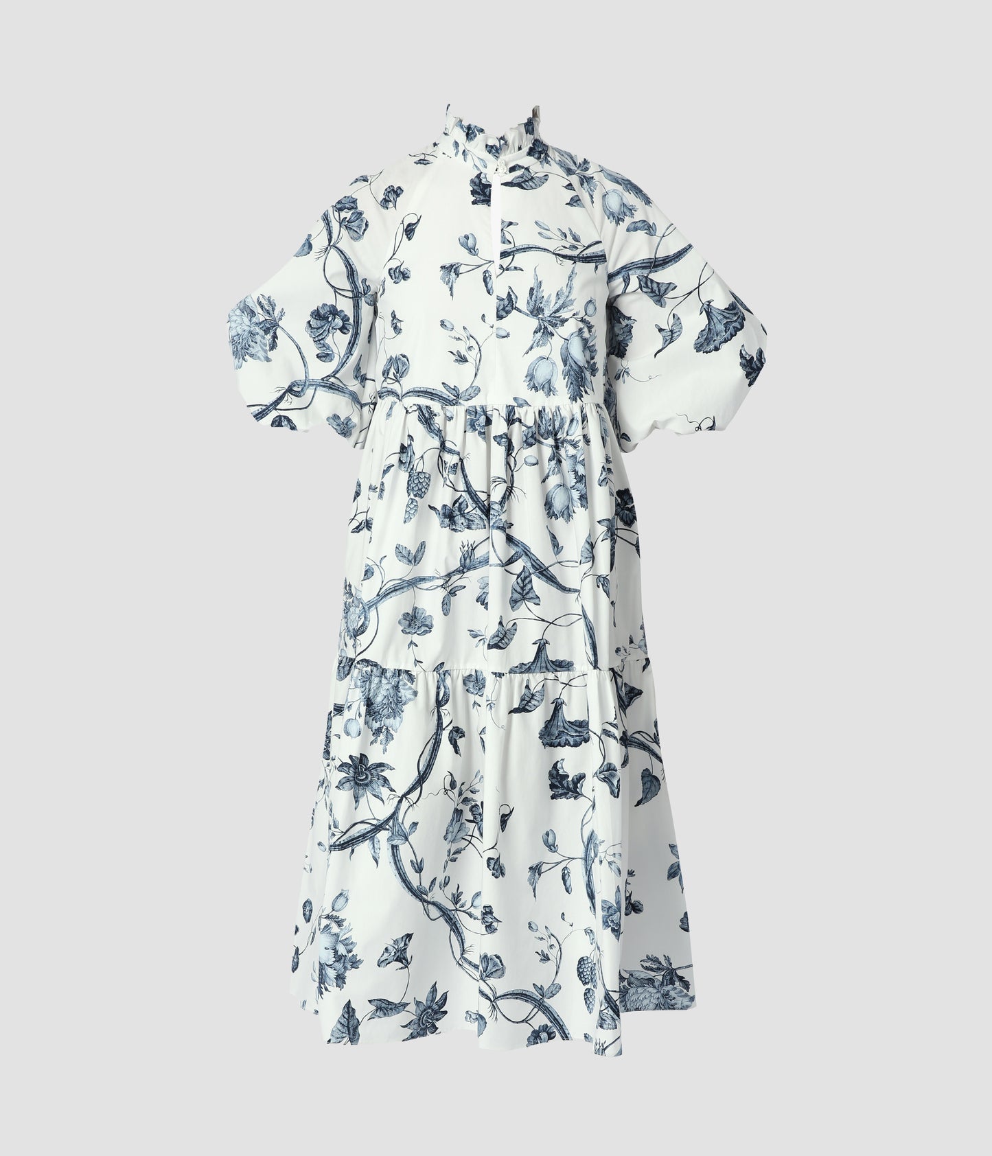 Puff Sleeve Cotton Poplin Tiered Midi Dress