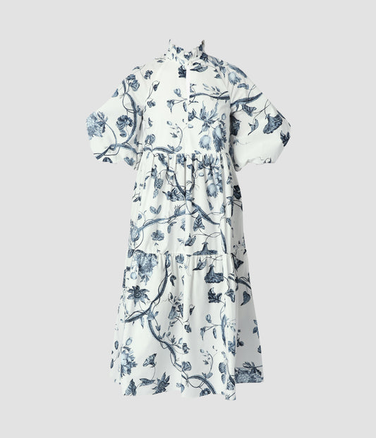 Belted Dress White and Gray Cotton and Silk Poplin with Toile de