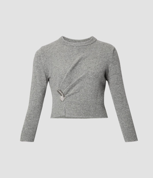 3/4 Sleeve Wool Knit Jumper With Draped Front Detail