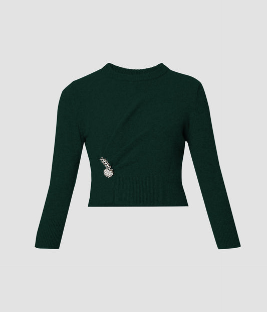 3/4 Sleeve Wool Knit Jumper With Draped Front Detail