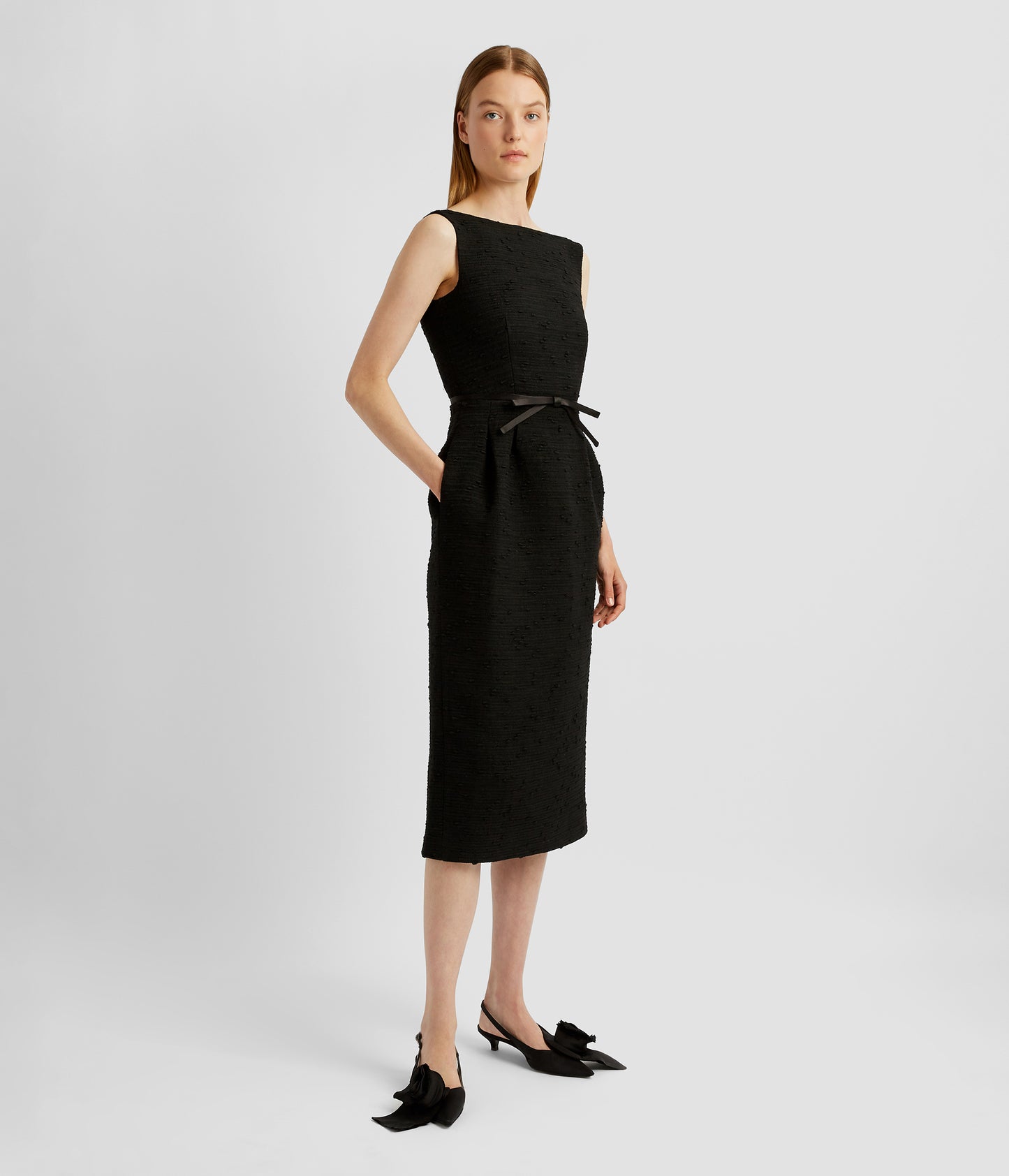 fallen shoulder midi pencil dress with tie detail ASOS DESIGN Tall velvet fallen shoulder midi pencil dress with tie detail