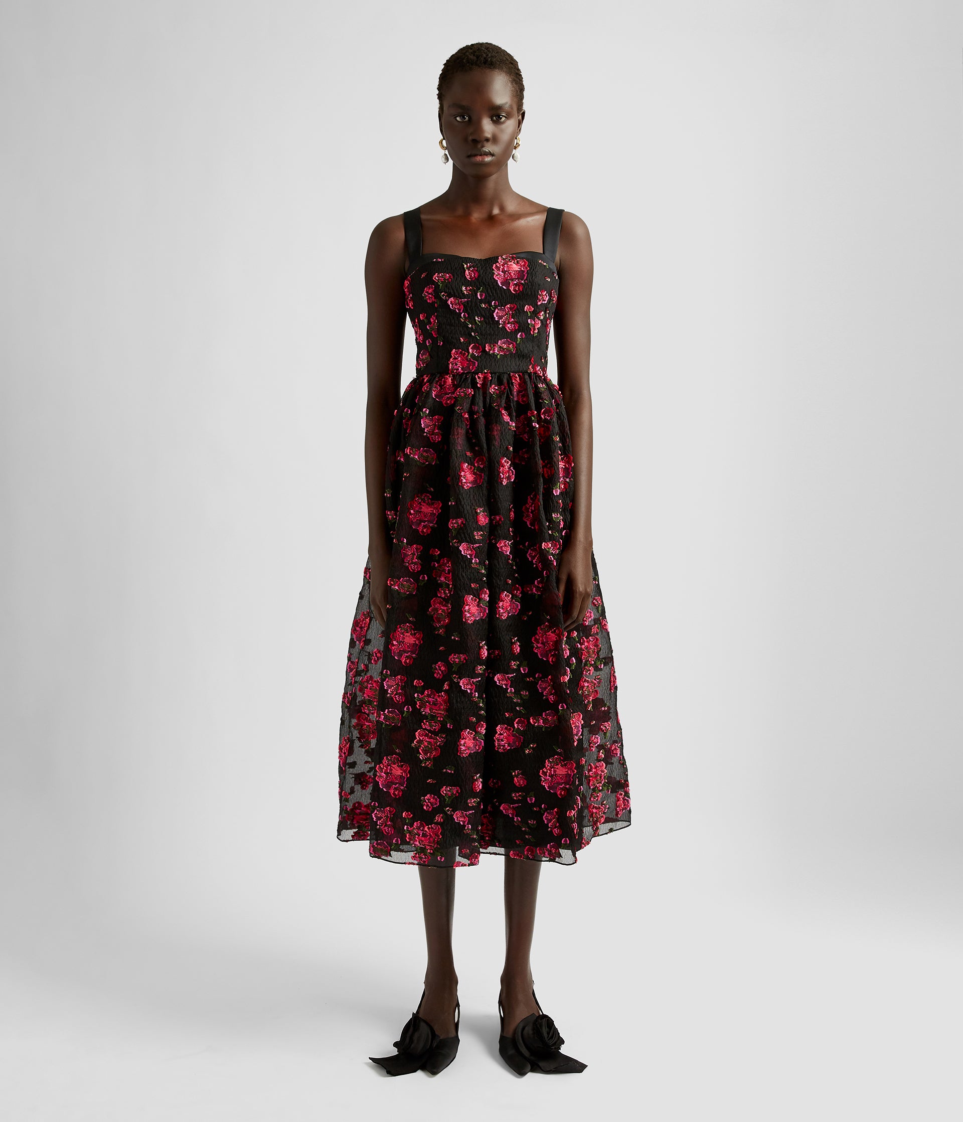 Black Floral Fit Flare Dress with Straps ERDEM Official Store