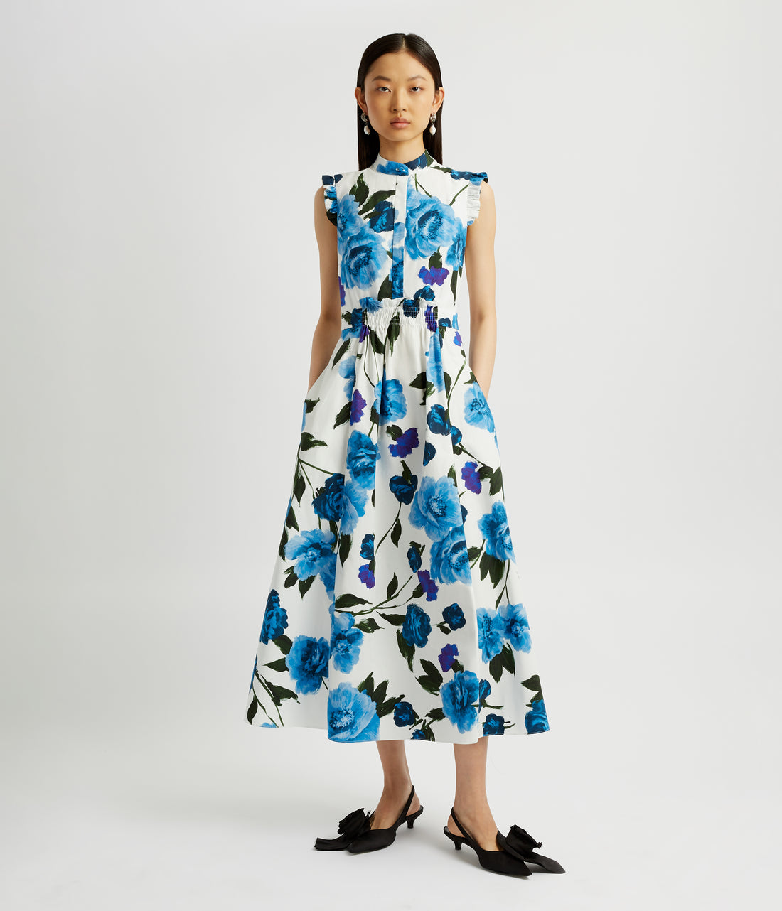 Cotton Poplin Blue Floral White Midi Dress | ERDEM® Official Store