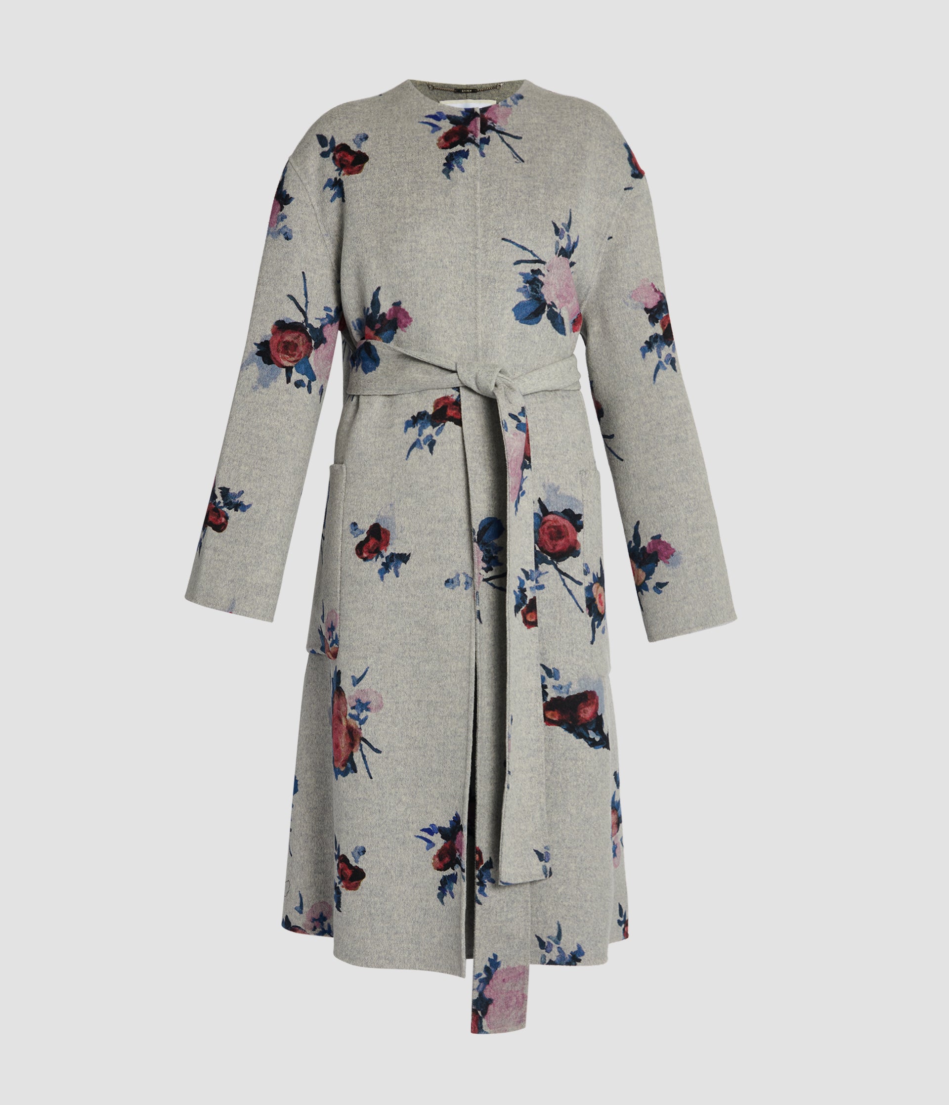 Floral Print Double Faced Wool Belted Coat