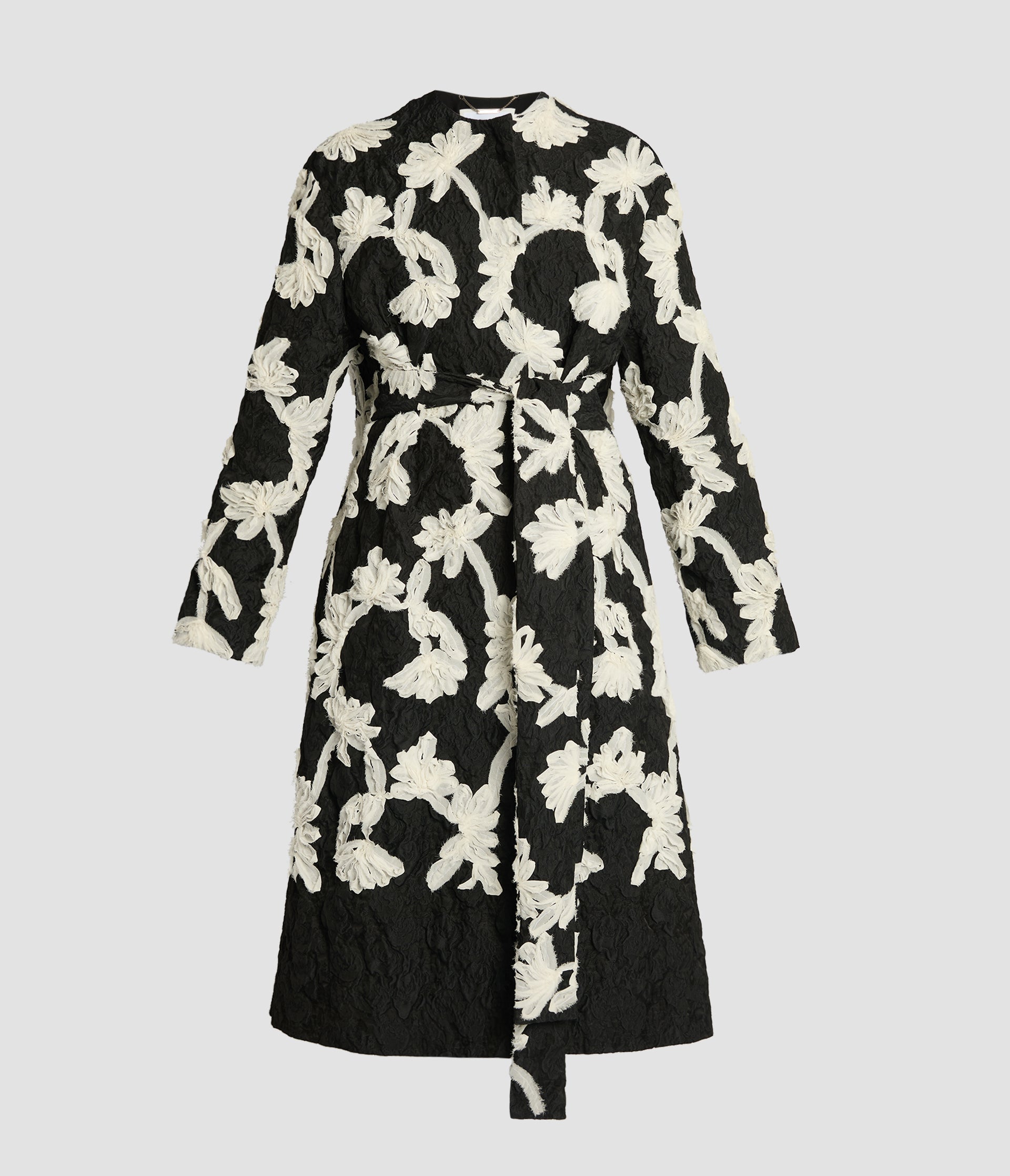 Embroidered Jacquard Belted Coat